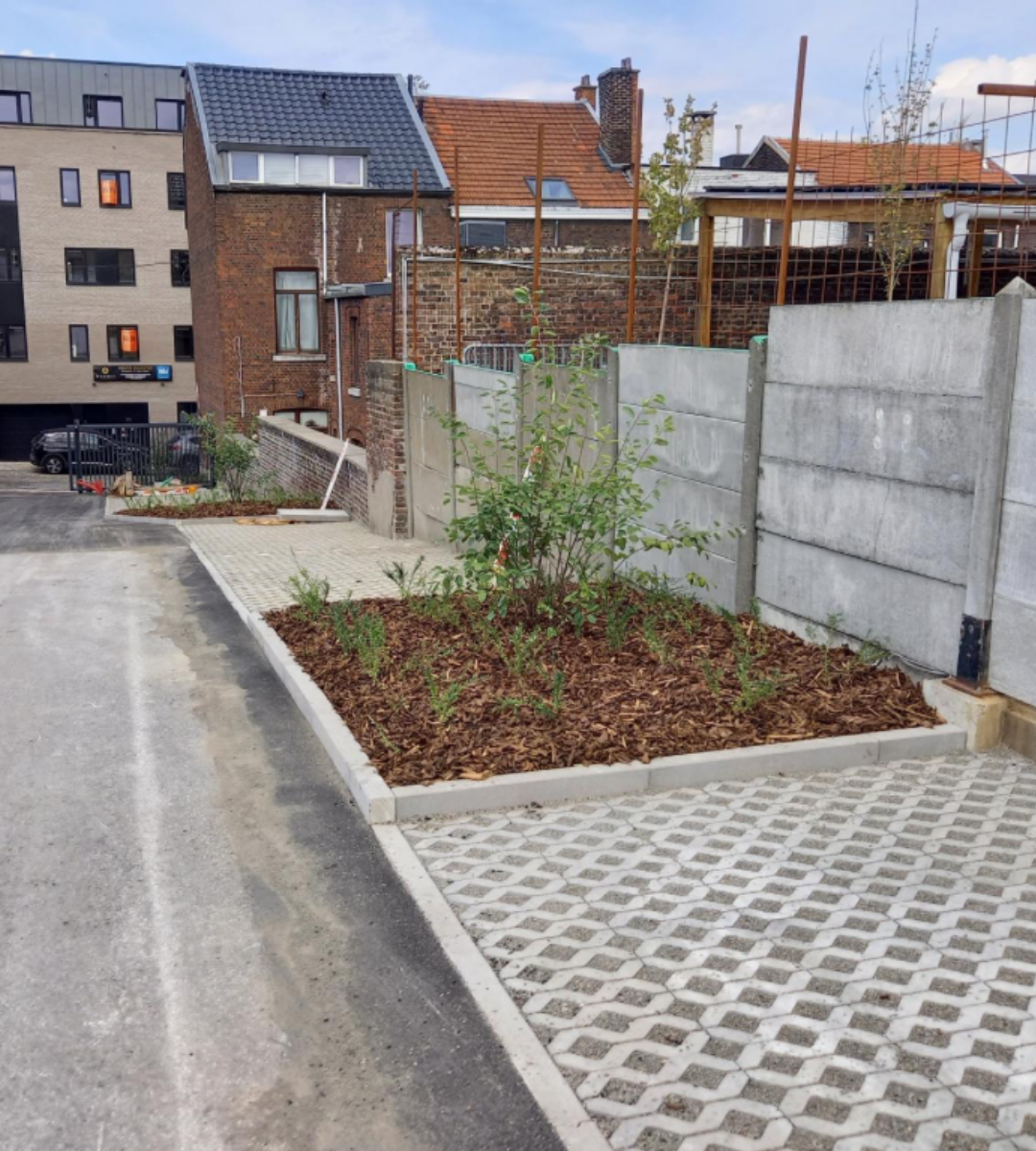 Aménagement d'espaces publics: un parterre et des place de parking.