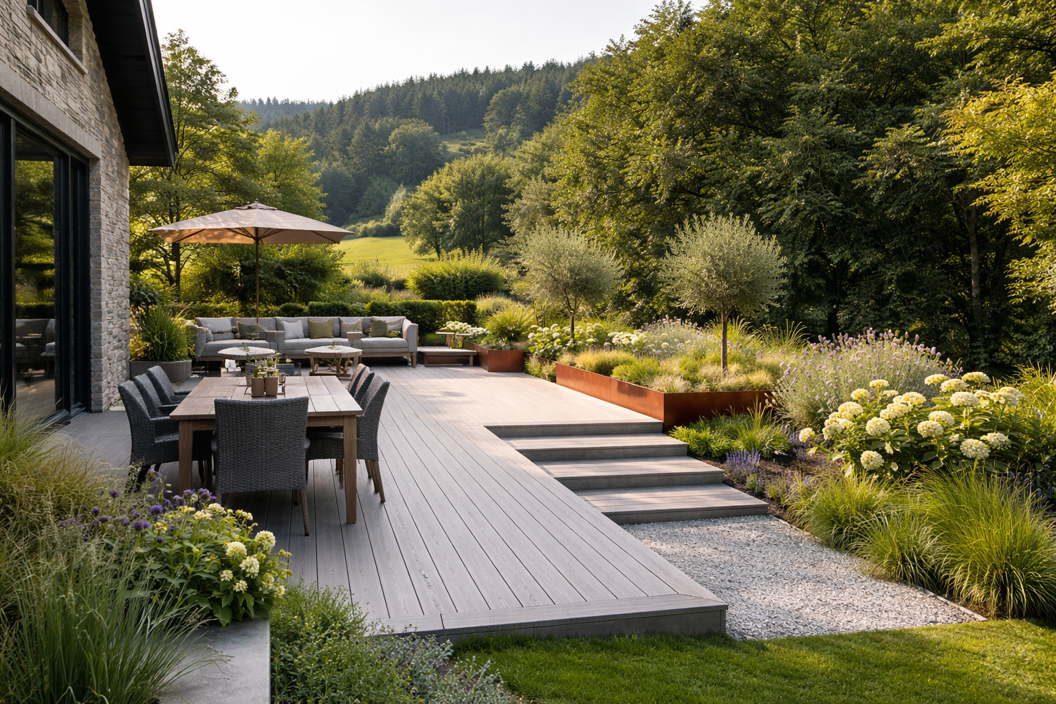 Terrasse contemporaine à Hotton conçue par un architecte paysagiste – Gustin Jardin